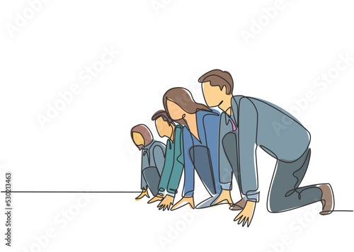 One single line drawing group of male and female worker gets ready on starting line to do sprint race together. Business running competition concept continuous line draw design vector illustration