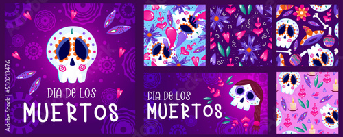 Muertos poster set, day dead with skull on purple background. Halloween costume. Cartoon vector illustration. Holiday Muertos background. Mexico catrina skeleton seamless pattern
