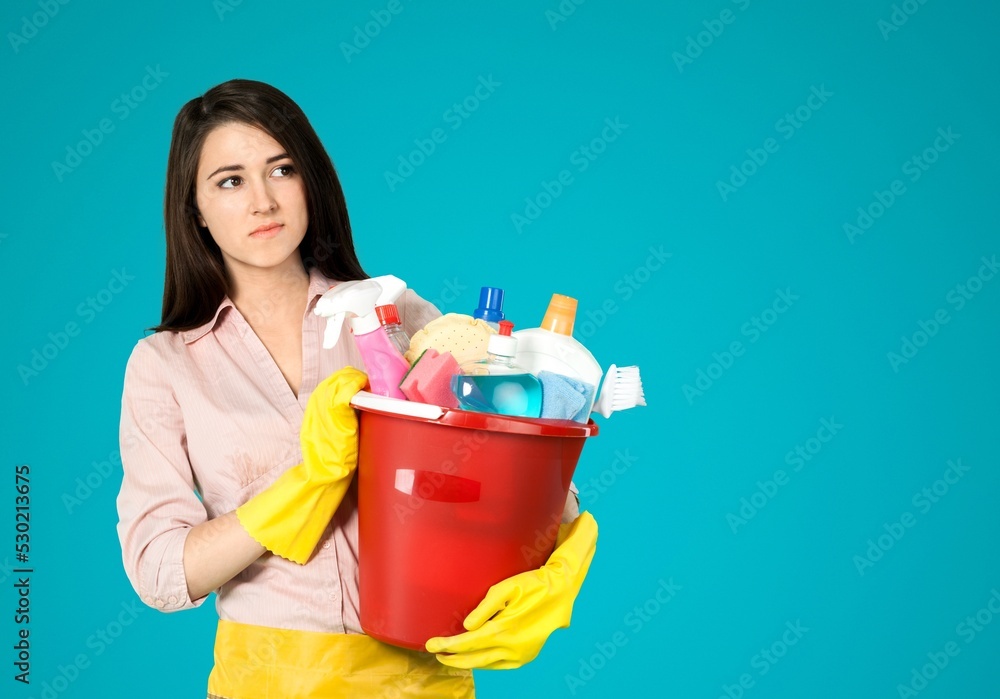 Young woman cleaner posing on the background Young woman cleaner posing on the background