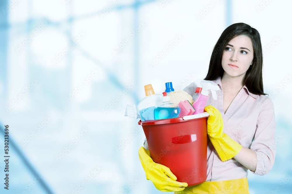 Young woman cleaner posing on the background Young woman cleaner posing on the background