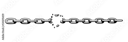 Broken chain with shatters as symbol of strength and freedom. Sketch of metal chains. Vector illustration isolated in white background