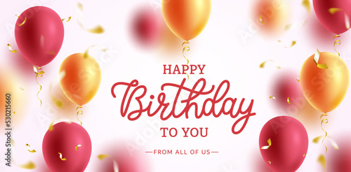 Birthday greeting vector background design. Happy birthday text with flying gold and red balloons element for birth day party occasion messages. Vector illustration.
