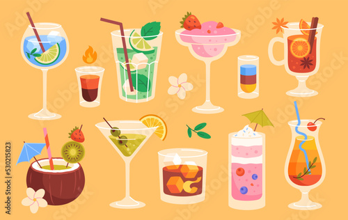 Set of delicious cocktails. Refreshing fruit drinks in glasses. Alcoholic beverages  martini  tequila  scotch. Design element for bar menu. Cartoon flat vector collection isolated on yellow background