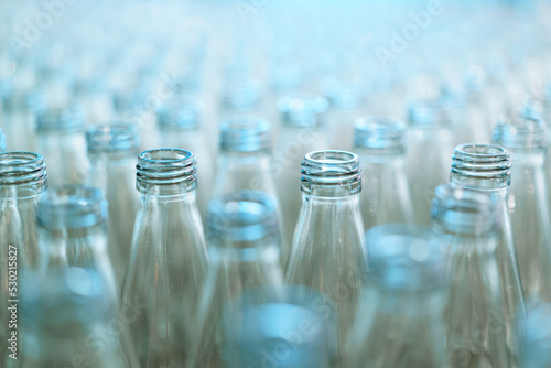 Lots of empty glass bottles in the carton prepared to feed into the manufacturing line.
