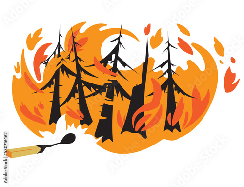 Illustration fire in the forest, trees on fire. Strong fire in the forest