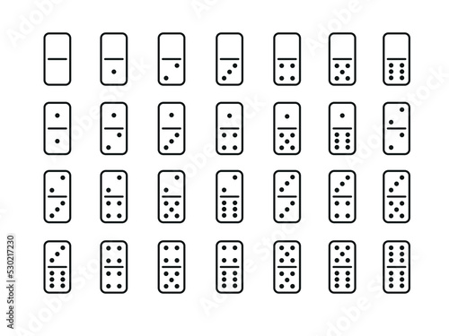 Domino Game. Set of domino bones. White pieces with black dots isolated on background. 
Vector illustration for game.