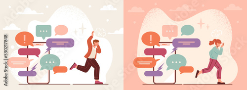 Communication problem concept. Young man and woman, overloaded with lot of messages, notifications and spam, run away from smartphones. Pile of speech bubbles. Cartoon flat vector illustration set