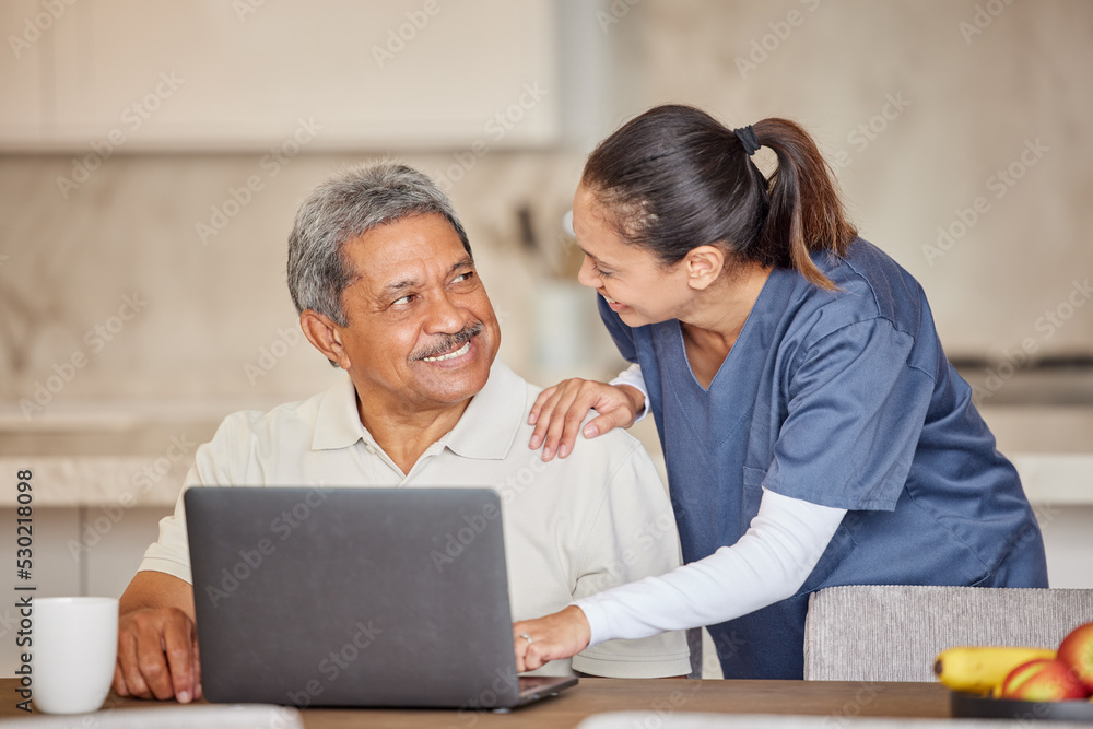 Healthcare, trust and nurse help patient on laptop, reading email, good news or positive results in kitchen. Young health care worker looking happy about diagnosis, showing man how to use online app Healthcare, trust and nurse help patient on laptop, reading email, good news or positive results in kitchen. Young health care worker looking happy about diagnosis, showing man how to use online app