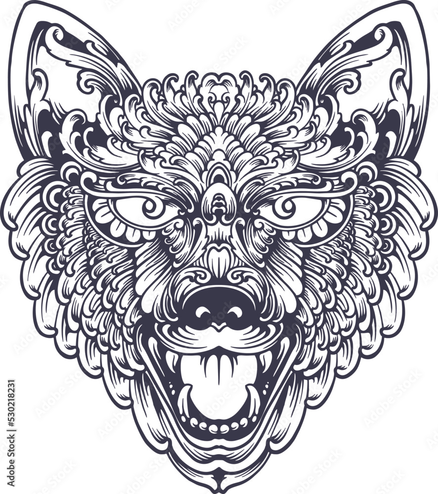 Elegant vintage ornament wolf monochrome Vector illustrations for your work Logo, mascot merchandise t-shirt, stickers and Label designs, poster, greeting cards advertising business company or brands.