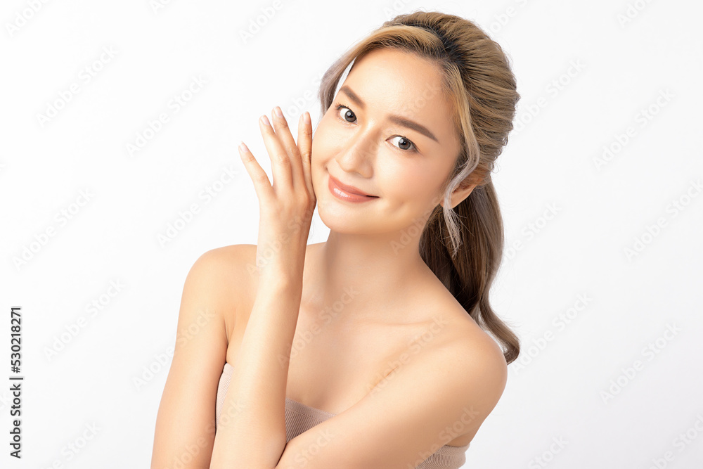 Happy beautiful young asian woman clean fresh bare skin concept. Asian girl beauty face skincare and health wellness, Facial treatment, Perfect skin, Natural make up. Isolated on white background. Happy beautiful young asian woman clean fresh bare skin concept. Asian girl beauty face skincare and health wellness, Facial treatment, Perfect skin, Natural make up. Isolated on white background.