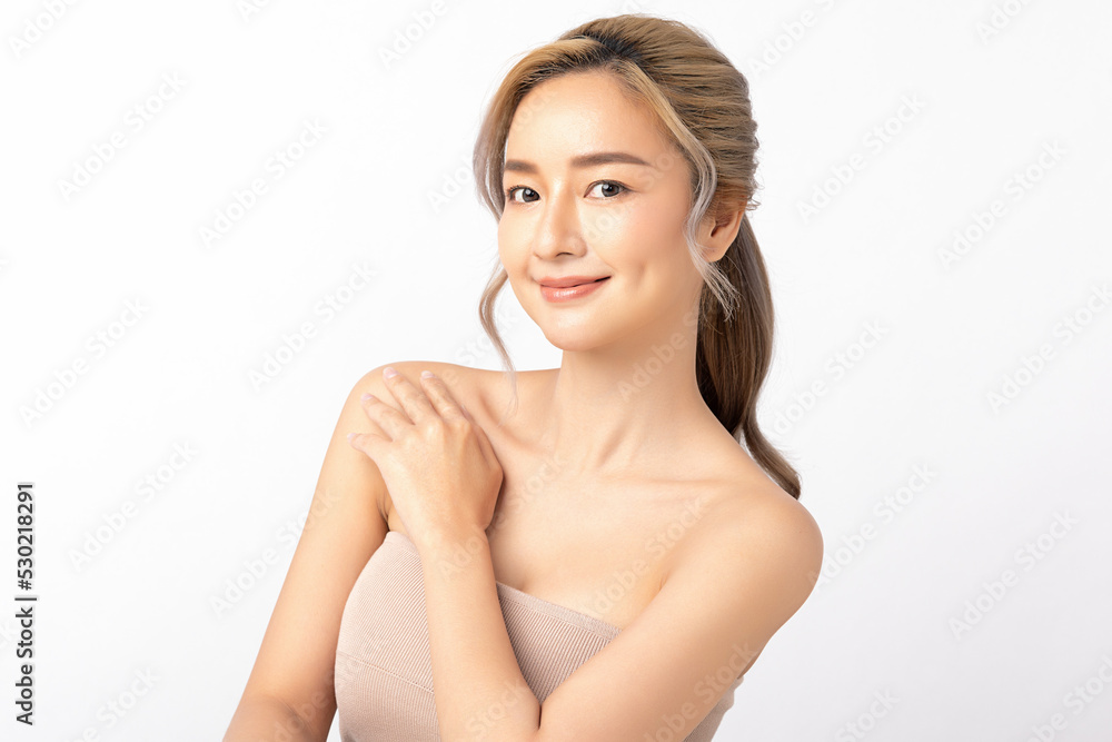 Happy beautiful young asian woman clean fresh bare skin concept. Asian girl beauty face skincare and health wellness, Facial treatment, Perfect skin, Natural make up. Isolated on white background. Happy beautiful young asian woman clean fresh bare skin concept. Asian girl beauty face skincare and health wellness, Facial treatment, Perfect skin, Natural make up. Isolated on white background.