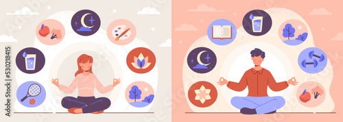 Combination of healthy habits for wellbeing. Man and woman with mental calmness sit in lotus position. Daily rituals, sports, sleep, nutrition and walks. Happy lifestyle. Cartoon flat vector set photo