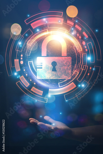 cybersecurity concept Business man shows how to protect cyber technology network from attack by hackers on the internet. Secure access to privacy through smartphones Meta protection.	