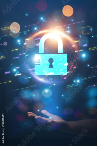 cybersecurity concept Business man shows how to protect cyber technology network from attack by hackers on the internet. Secure access to privacy through smartphones Meta protection.	