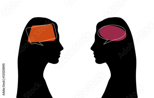 Abstract concept tangled brain, therapist, patient. Two silhouettes of a girl with speech bubbles