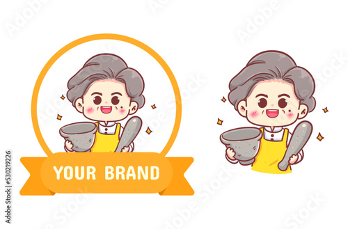 Grandma cooking with mortar restaurant food logo hand drawn cartoon illustration