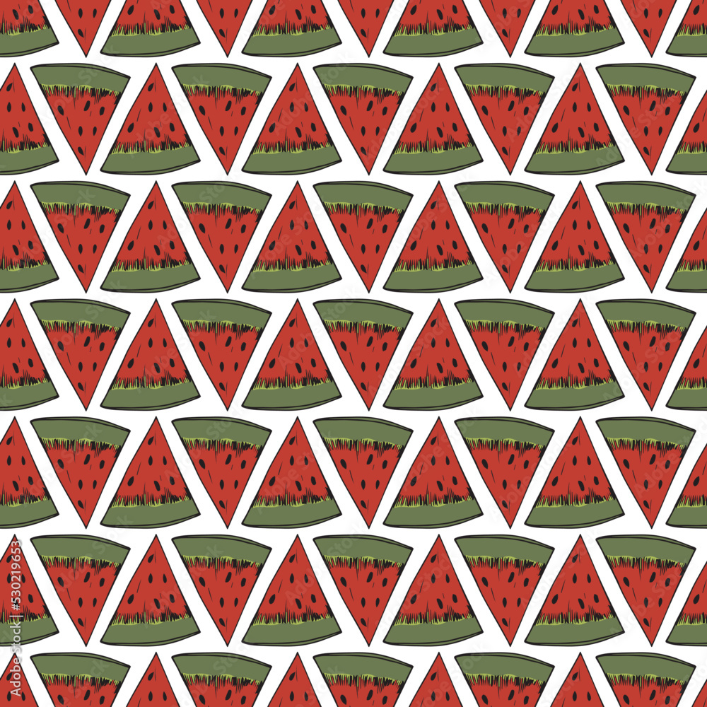 Vector hand-drawn watermelon slice half drop seamless repeat pattern background. Vector illustration Vector hand-drawn watermelon slice half drop seamless repeat pattern background. Vector illustration