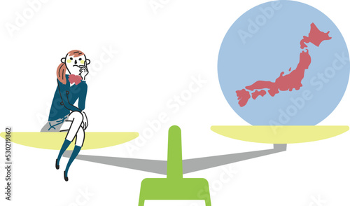 日本と自分を天秤にかける女子学生　イラスト素材

