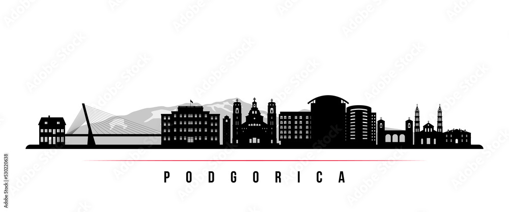 Podgorica skyline horizontal banner. Black and white silhouette of Podgorica, Montenegro. Vector template for your design.