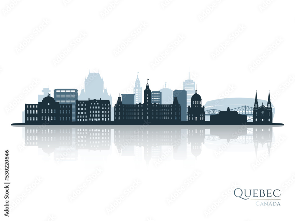 Quebec skyline silhouette with reflection. Landscape Quebec, Canada. Vector illustration.