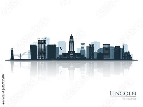 Lincoln skyline silhouette with reflection. Landscape Lincoln  Nebraska. Vector illustration.