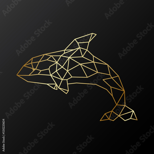 Vector geometric Orca emblem. Golden Polygonal Killer Whale illustration on dark background.