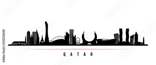 Qatar skyline horizontal banner. Black and white silhouette of Qatar. Vector template for your design.