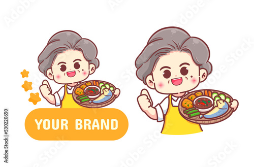 Grandma or chef holding Fried mackerel with shrimp paste sauce and vegetable set restaurant food logo hand drawn cartoon illustration