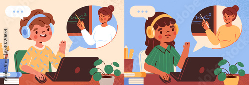 Remote education or distant learning. Boy and girl listen to online lesson and communicate with teacher on laptop screen. Children or pupils learn at home. Cartoon flat vector illustration collection.