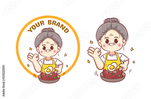 Cute Grandma or woman chef cooking restaurant food logo hand drawn cartoon illustration