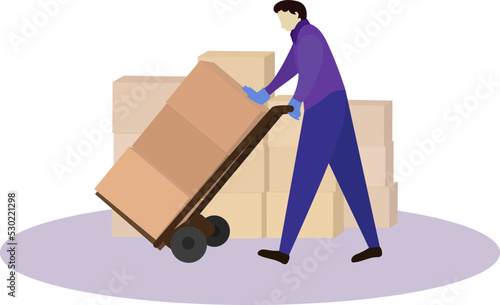 delivery man shipping vector illustration, Delivery Man Pushing Hand Truck Trolley Full Package Of Cardboard Box Hands to Customer. Courier Delivering Packages
