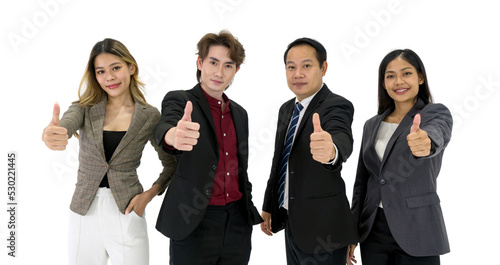 Team of successful business people in suit standing together. Everyone raise finger thumb up with a smile. Portrait on white background with studio light.