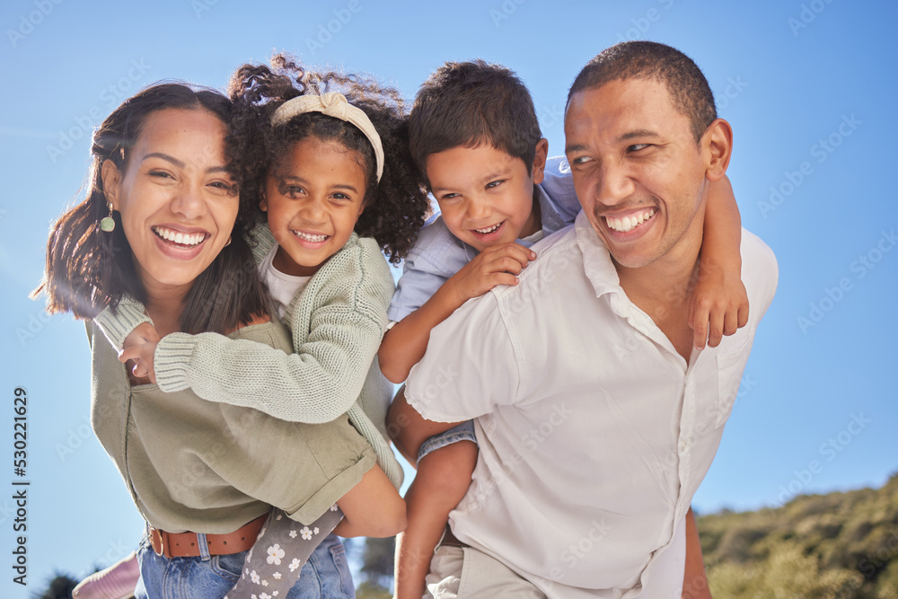 Black family portrait, summer holiday and children with parents on blue sky, sunshine and playing in a green park. Happy mother, father and kids having fun outdoor for vacation break with a smile Black family portrait, summer holiday and children with parents on blue sky, sunshine and playing in a green park. Happy mother, father and kids having fun outdoor for vacation break with a smile
