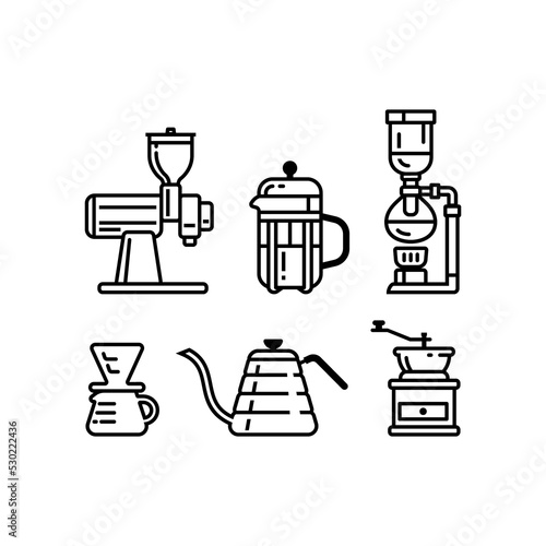 Coffee brewing appliances from coffee grinders, kettle, plunger or French press, syphon and v60 drip.	 photo
