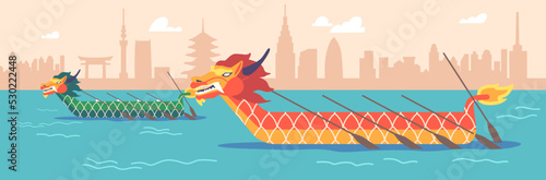 Dragon Boats with Paddles Sian Traditional Canoe on Water Pond, Canoeing, Rafting, Boating or Kayaking Sports