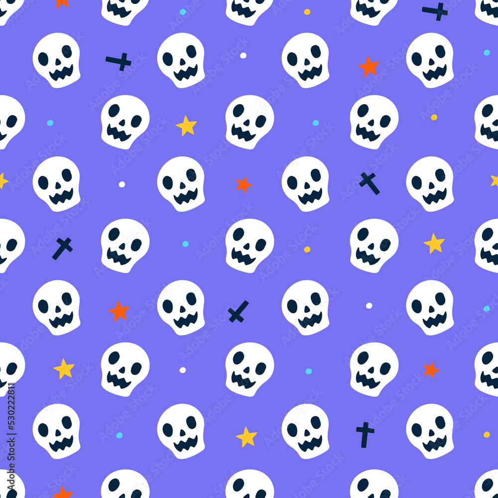 Cute Happy Halloween white skull bone ghost cartoon seamless pattern vector violet background star cross crucifix rood Cute Happy Halloween white skull bone ghost cartoon seamless pattern vector violet background star cross crucifix rood
