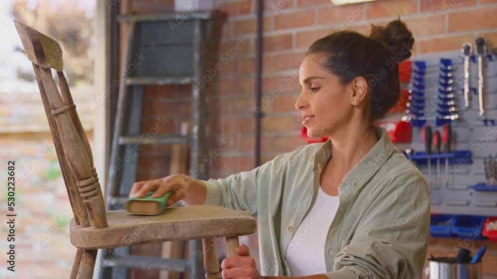 Woman running business in workshop at home restoring and upcycling furniture sanding chair - shot in slow motion Woman running business in workshop at home restoring and upcycling furniture sanding chair - shot in slow motion