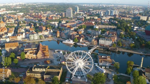 Birds Eye View of AmberSky Ferris Wheel, Polish Baltic Philharmonic in Gdansk at Sunrise photo