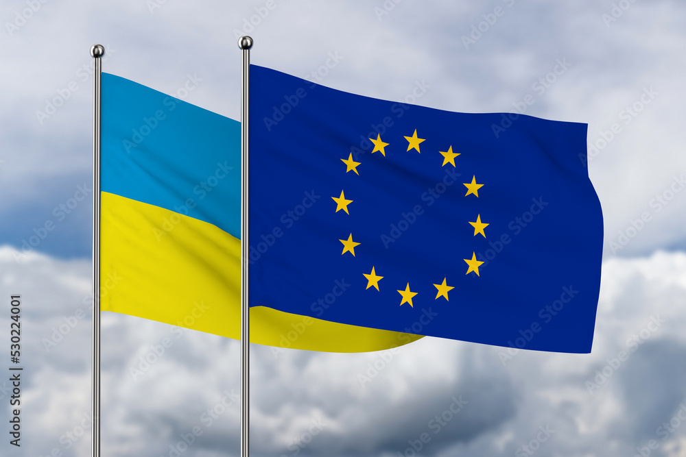 ukrainian and EC flag on sky background. 3D illustration