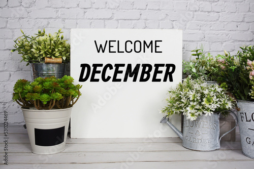 Welcome December text message with artificial plant decoration on wooden background