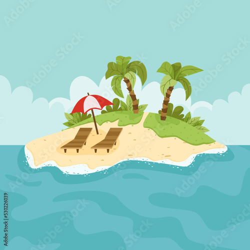 A tropical island with palm trees and sun loungers.