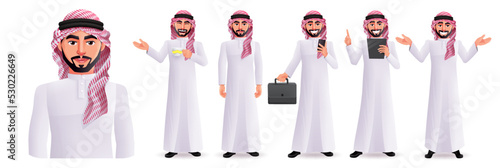 Arab man vector character set design. Saudi arabian male graphic collection in happy and serious facial expression for middle eastern business characters. Vector illustration.
