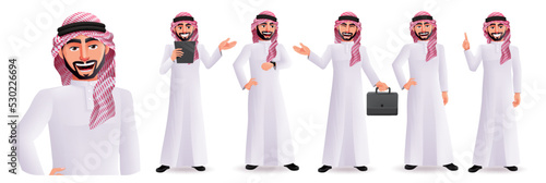 Saudi arab man vector character set design. Arabian male business characters in happy and smiling facial expression for middle eastern people graphic collection. Vector illustration.
