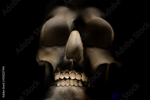 The human skull is frighteningly illuminated on a black background photo