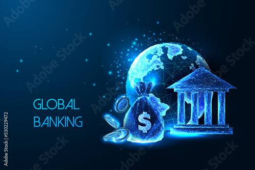 Concept of global banking system with planet Earth, money bag, coins and bank building on dark blue 