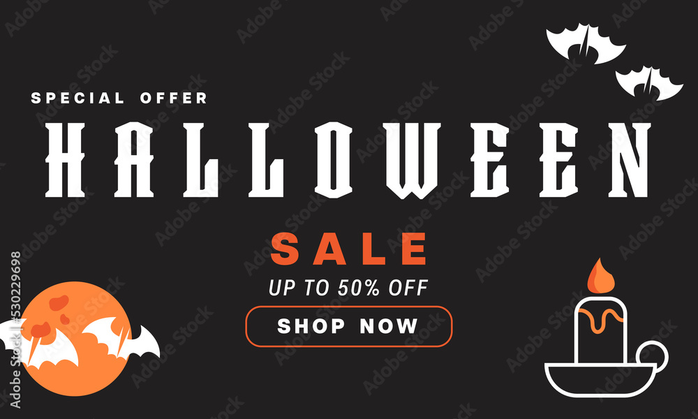 Halloween Horizontal Sale, 50% Discount Banner. Email marketing web banner. Black background banner with Spider, spider web, pumpkin. Halloween typography and calligraphy. Dark black banner illustrati