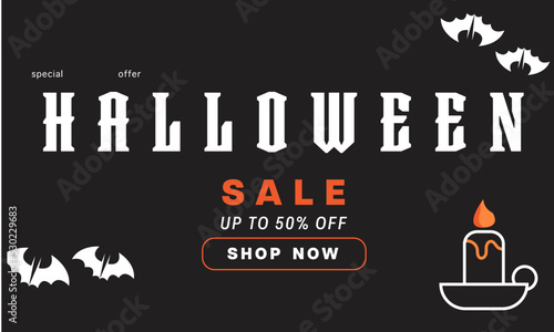 Halloween Horizontal Sale, 50% Discount Banner. Email marketing web banner. Black background banner with Spider, spider web, pumpkin. Halloween typography and calligraphy. Dark black banner illustrati