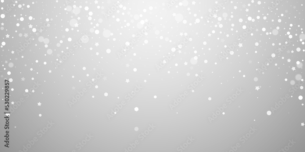 Christmas falling snow background. Subtle flying snow flakes and stars. Festive winter silver snowflake overlay template. Vector illustration