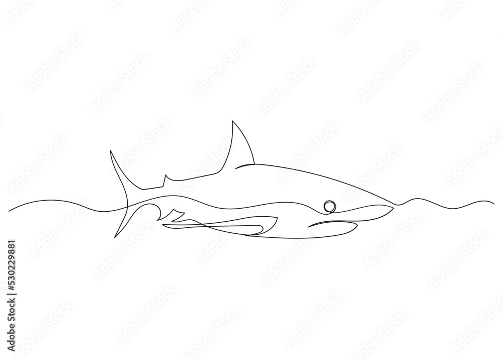 Continuous line drawing of shark with the ocean. Minimalism art. Stock  Vector