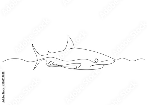 Continuous line drawing of shark with the ocean. Minimalism art.